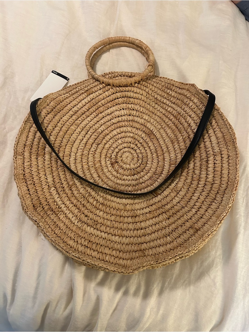 NWT MNG Woven Round Straw Tote Bag with removable Black Strap
